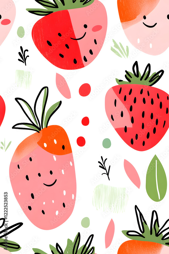 Hand-drawn seamless pattern with cute strawberry Hand-drawn seamless pattern with cute strawberry