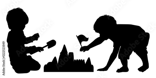 Children and pets silhouettes. Little girl and boy playing on the shore sand. Vector illustration.