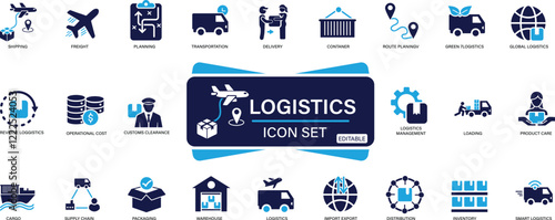  Logistics icon set distribution, shipping, transportation, delivery, cargo, freight, route planning, You can easily change the color