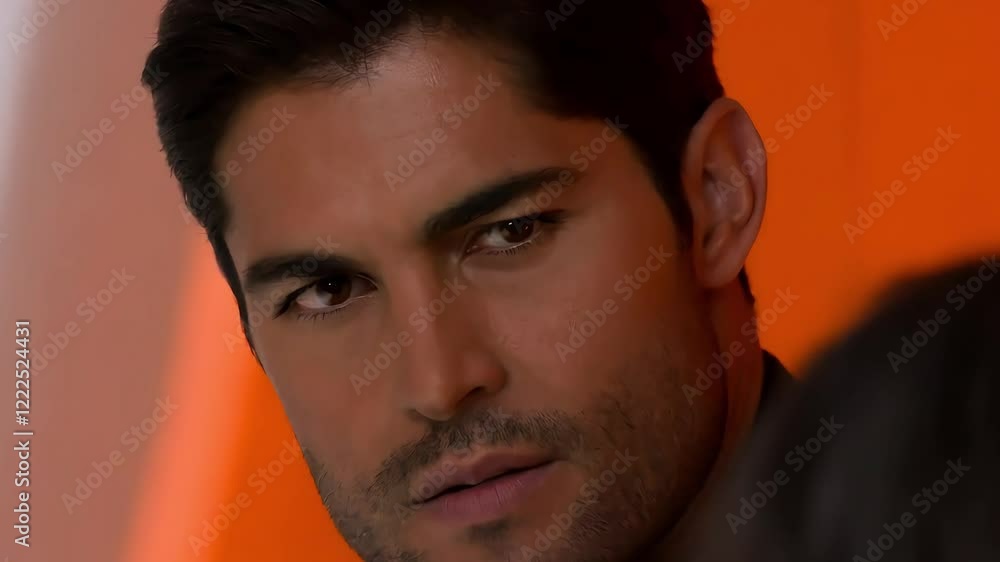 Determined man with brown eyes, focused expression, talking with strength and determination. Strong, confident man speaking with grit.

