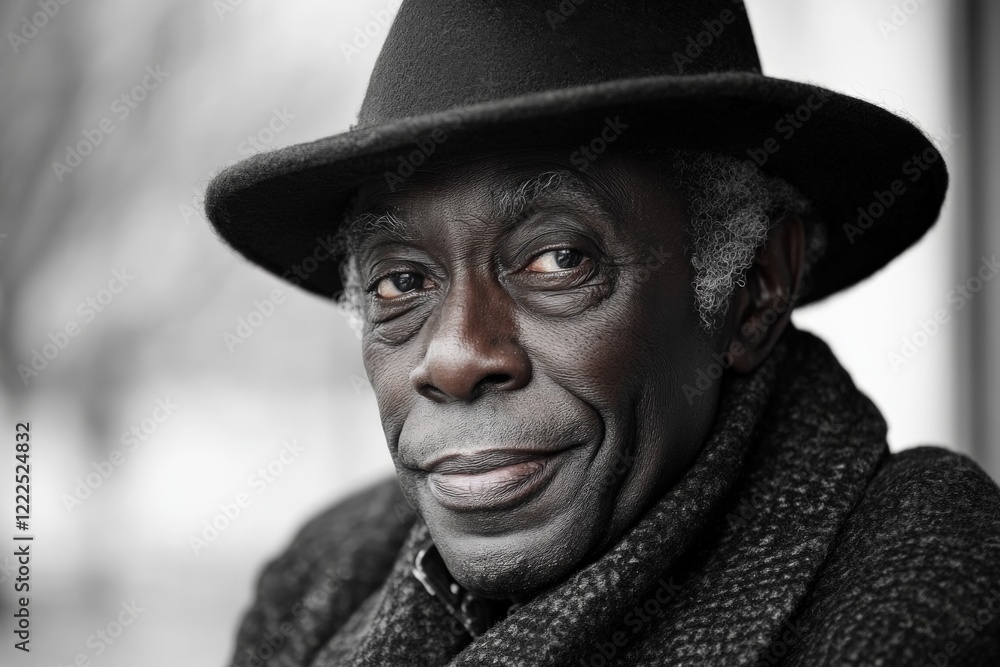 Elderly man with a warm smile wearing a hat and scarf in a cozy urban setting during daytime Elderly man with a warm smile wearing a hat and scarf in a cozy urban setting during daytime