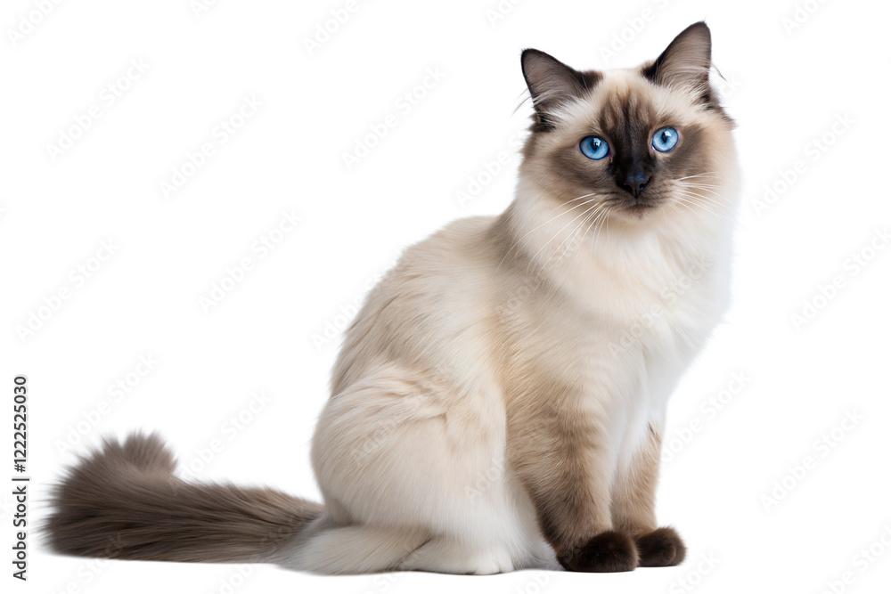 Birman Cat with Blue Eyes Sitting on White Background. Birman Cat Portrait Isolated On White Background. Birman Cat with Blue Eyes Sitting on White Background. Birman Cat Portrait Isolated On White Background.