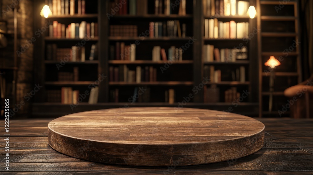 Fototapeta premium Dark Academia Wood Table Top with Blurred Bookshelves Background