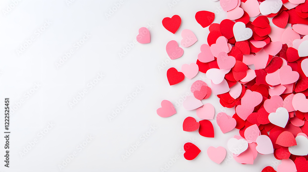 Red and pink confetti top view background. Paper cut decorations for Valentine's day design Red and pink confetti top view background. Paper cut decorations for Valentine's day design