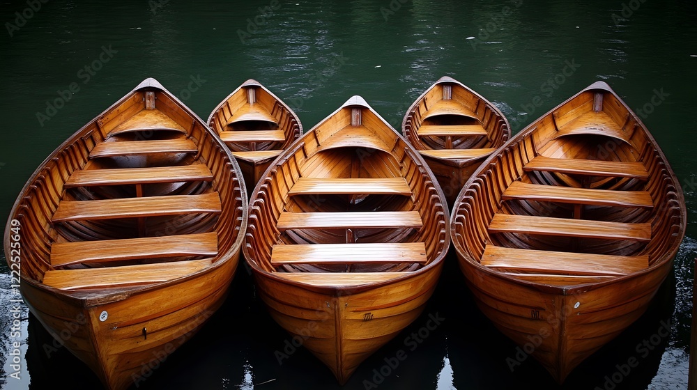 Four Wooden Rowboats on Calm Water, Classic Boats Four Wooden Rowboats on Calm Water, Classic Boats