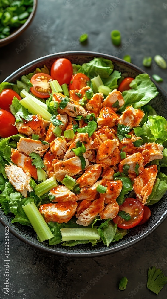 Colorful bowl of buffalo chicken salad shredded chicken in spicy buffalo sauce mixed with romaine, celery, cherry tomatoes light ranch drizzle garnished with chopped green onions. Colorful bowl of buffalo chicken salad shredded chicken in spicy buffalo sauce mixed with romaine, celery, cherry tomatoes light ranch drizzle garnished with chopped green onions.