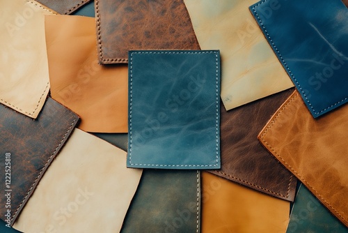 A variety of leather patches in blue, beige, and brown tones, featuring visible stitching details photo