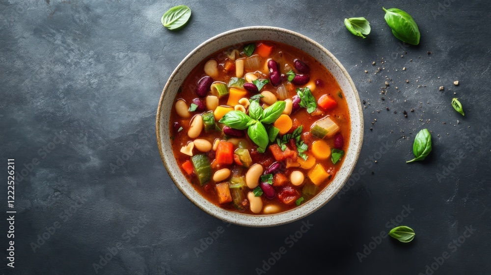 A bowl of homemade minestrone soup with a mix of vegetables, beans, and pasta A bowl of homemade minestrone soup with a mix of vegetables, beans, and pasta