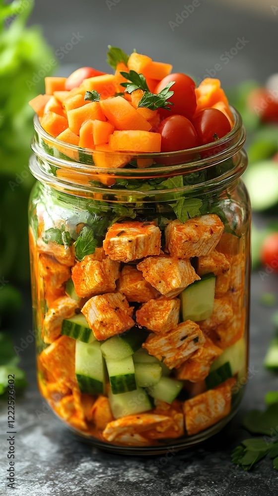 Buffalo chicken salad in mason jar layered with chicken chunks, celery, tomatoes, carrots, and romaine topped with vinaigrette ideal for on-the-go healthy meal prep. Buffalo chicken salad in mason jar layered with chicken chunks, celery, tomatoes, carrots, and romaine topped with vinaigrette ideal for on-the-go healthy meal prep.