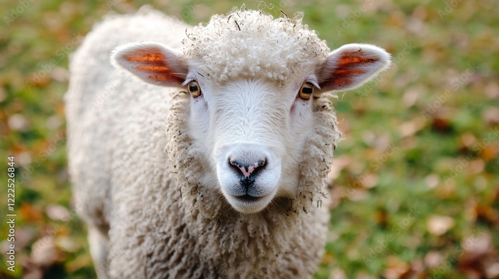 Close-Up Image of a Cute Sheep with Soft Wool in a Green Field Close-Up Image of a Cute Sheep with Soft Wool in a Green Field