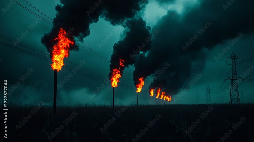 Obraz premium Flames Erupting from Industrial Towers Under Dark Cloudy Sky