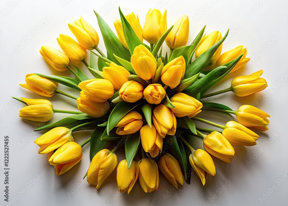 Fototapeta premium Sun-drenched yellow tulips burst from a surreal spring bouquet, isolated on white, leaving ample space for text.