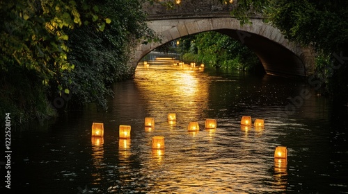 Illuminated River Scene at Night with Stone Bridge and Floating Lanterns photo