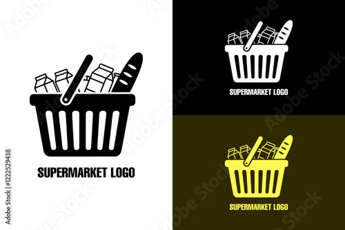 illustration of shopping basket with groceries, bread, milk carton, supermarket logo, super store, grocery store, bakery, fruits shop, vegetables shop, vectors, bun, abstract, logo