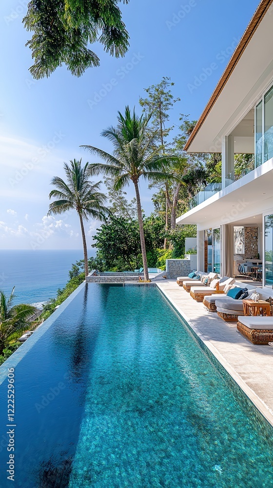 Luxury summer villa with infinity pool and sleek white facade large sliding doors open to poolside area framed by modern lines and subtle palm shadows elegant all-white aesthetic. Luxury summer villa with infinity pool and sleek white facade large sliding doors open to poolside area framed by modern lines and subtle palm shadows elegant all-white aesthetic.