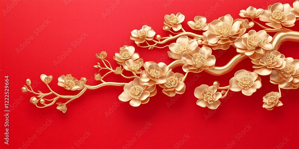 Golden Plum Blossoms on Red Background
