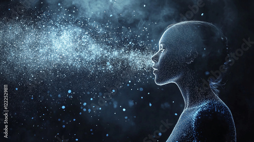 A human figure breathing out glowing particles symbolizing HMPV spread airborne transmission minimalist visualization