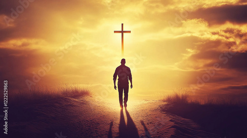 A man walking in the sand following God. Religious theme concept.