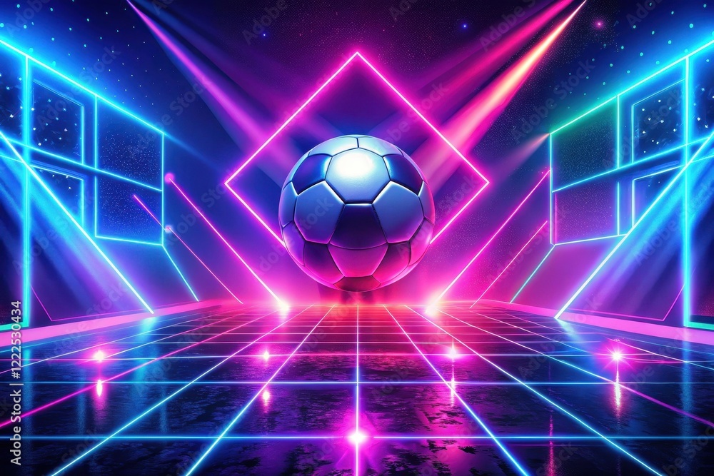 Naklejka premium Futuristic Neon Lights Illuminate a Soccer Ball Hovering Above a Retro Grid Floor