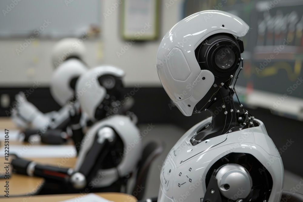 Fototapeta premium Humanoid robots are learning in a classroom, marking a significant advancement in artificial intelligence and robotics