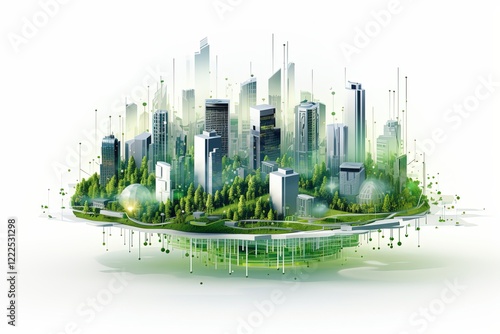 Green eco smart city illustration, futuristic town in blue, white and green colors. Ecological megapolis with smart technologies