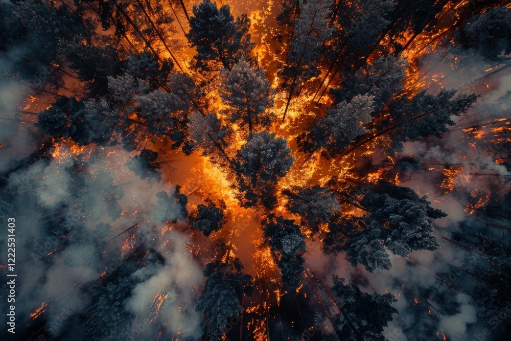 A forest fire engulfs the forest, showing flames and smoke. Top view A forest fire engulfs the forest, showing flames and smoke. Top view