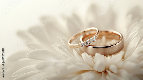 Elegant wedding rings on delicate flower, symbolizing love and commitment. rings feature gold band and sparkling diamonds, perfect for romantic occasion