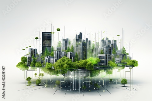 Green eco smart city illustration, futuristic town in blue, white and green colors. Ecological megapolis with smart technologies