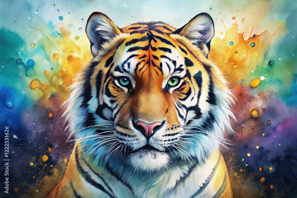 Fototapeta premium A Bengal tiger explodes in surreal watercolor ink, a vibrant splash of isolated power.