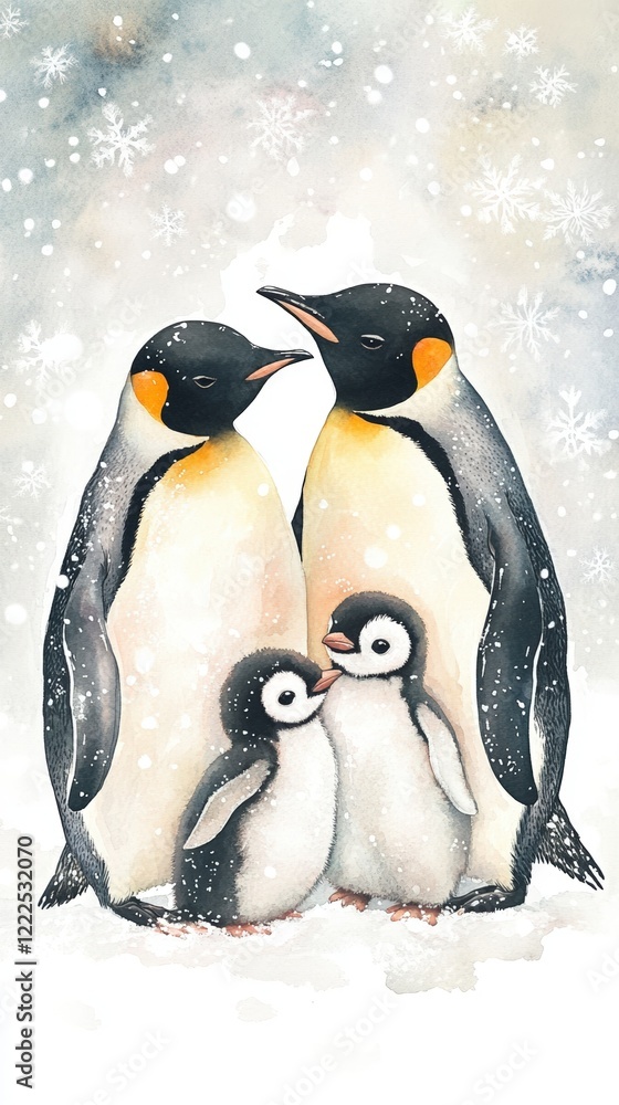 Fototapeta premium A watercolor illustration of two adult penguins lovingly standing with their two chicks in a snowy scene adorned with delicate snowflakes