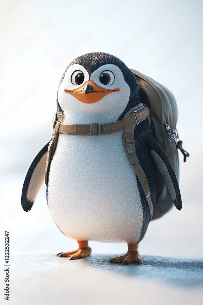 Fototapeta premium A 3D illustration of a happy penguin wearing a beige backpack, standing on ice and ready for a fun adventure