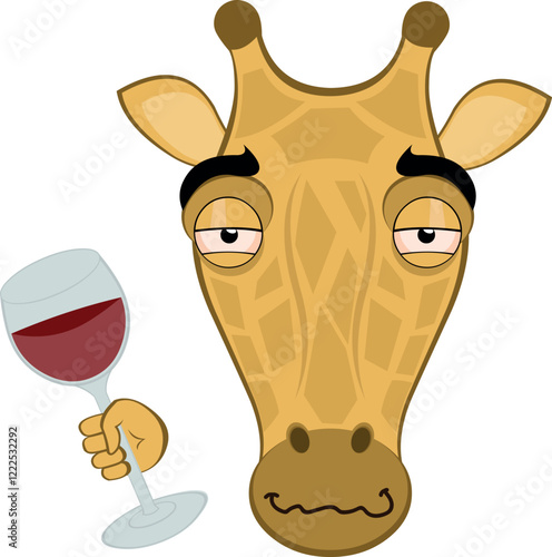 vector illustration emoji head character giraffe cartoon, with a drunk expression and a glass of wine in his hand