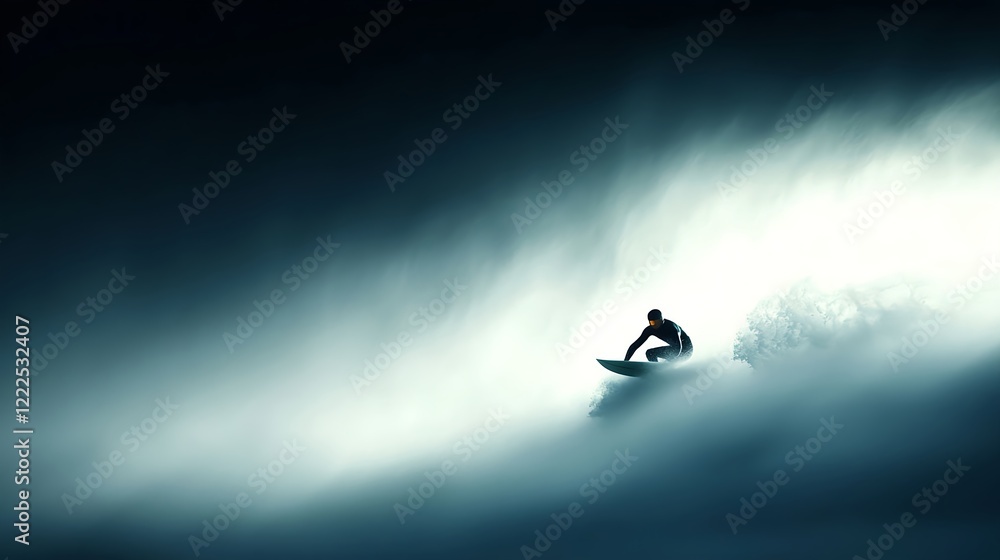 Fototapeta premium Surfer Riding a Powerful Wave in Dramatic Ocean Landscape