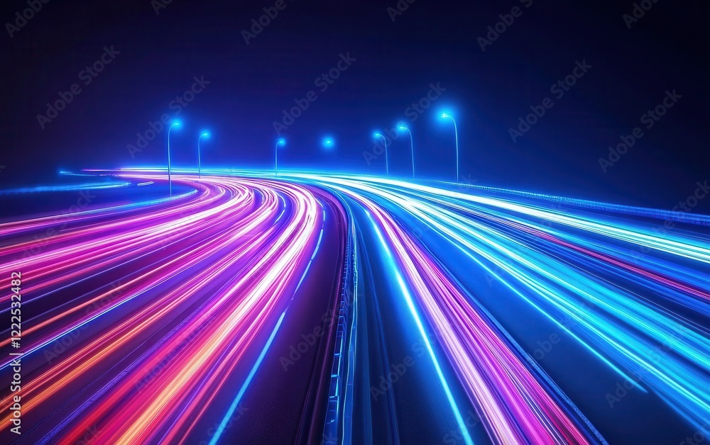 Vibrant Light Trails on Highway at Night with Streetlights. Vibrant Light Trails on Highway at Night with Streetlights.