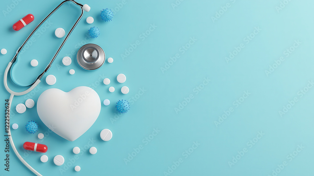 Fototapeta premium stethoscope, heart shape, and various pills and capsules are arranged on blue background, symbolizing health and wellness. This composition evokes sense of care and medical attention