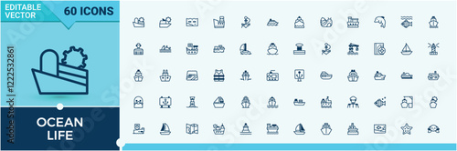 Ocean Life icon collection. Contains such icons as shipping, eel, boat, lighthouse, shell, buoy, ship, sea. Minimalistic icons. Solid line editable stroke.