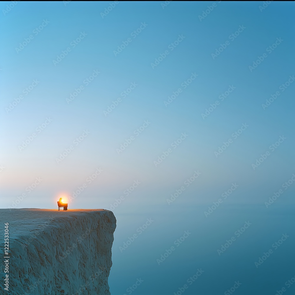 Fototapeta premium Solitary Figure on Edge of Cliff at Twilight with Beautiful Horizon