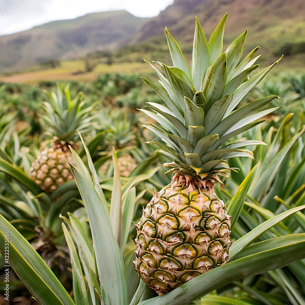 Pineapple growing on the field. Pineapple plantation in the mountains. Pineapple growing on the field. Pineapple plantation in the mountains.