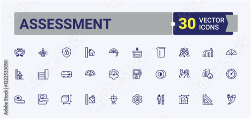 Assessment line icons set. Icons weight, Measurement, calibration weights, ruler, distance, measuring and more. Pixel perfect. Editable vector outline and solid icons.