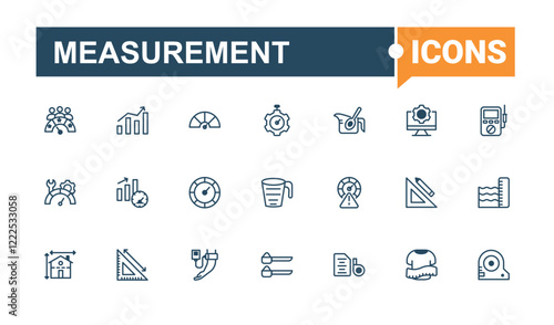 Measurement icons set. Featuring clock, stopwatch, barbell, tool, arrow, crane hook, sand glass and more. Thin outline icons pack. Solid line editable stroke. Vector line and solid icons.