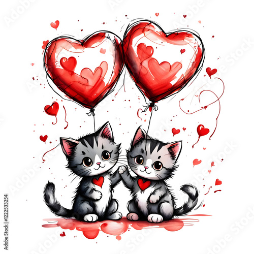Obraz na płótnie Kitten Love Balloons, Valentine's Day card w salonie