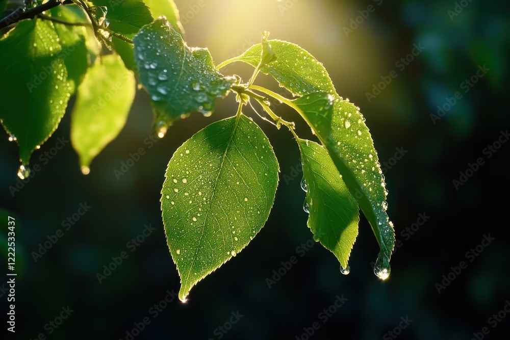 Fototapeta premium Extreme macro shot of a vibrant green tree leaf showcasing details in springtime light