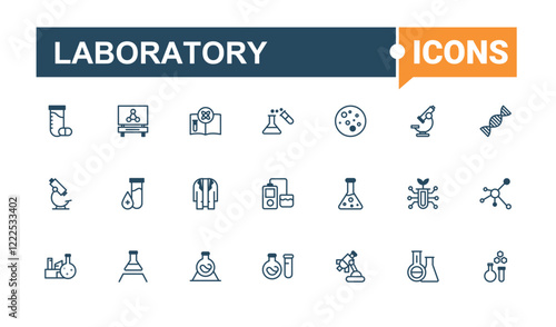 Laboratory icons set in linear style. Icons elements, warning, technology, analysis, ch, chemist, discovery and more. Web icons. Editable vector outline and solid icons.
