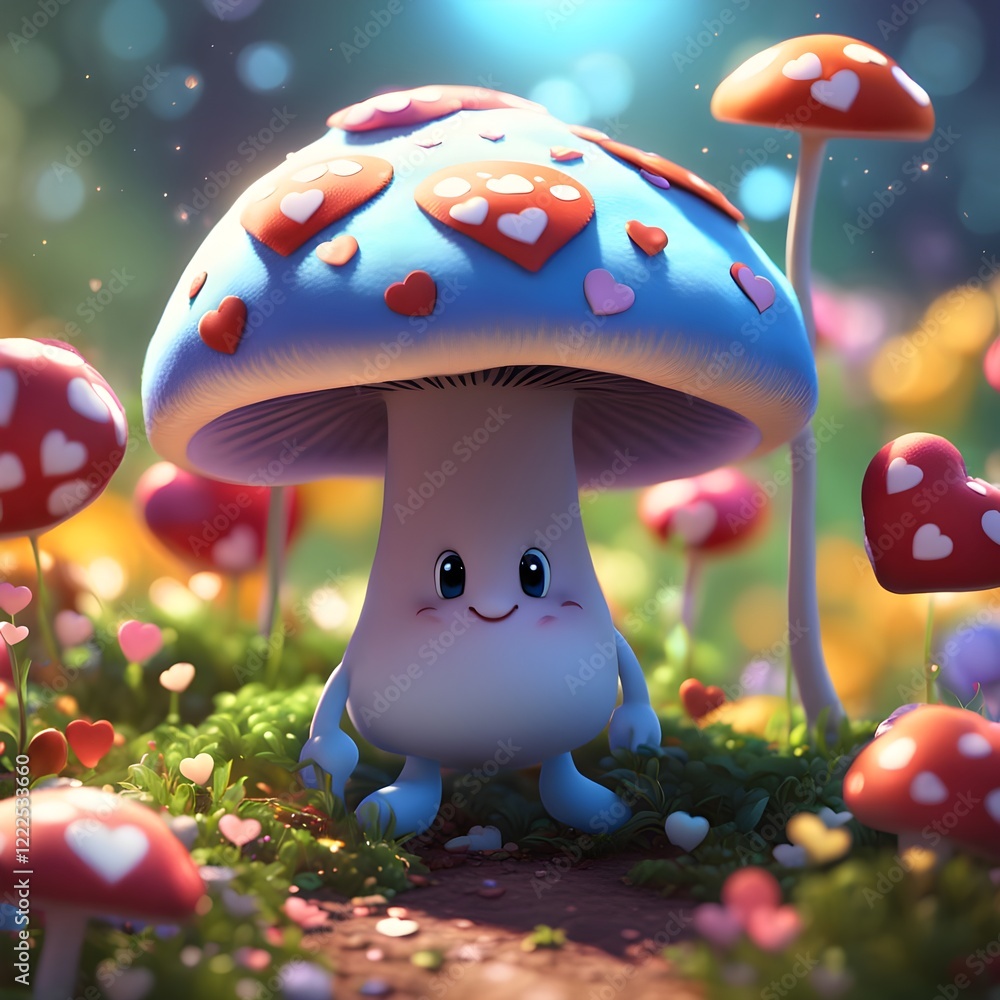 fly agaric mushroom in forest with heart shaped decoration, Valentine's Day card