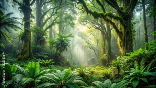 Lush Rainforest Path, Sunlight Filtering Through Ancient Trees and Verdant Undergrowth, Creating a Mystical and Serene Atmosphere