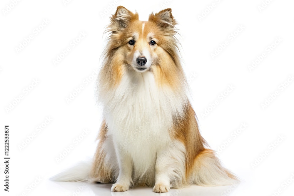 Fototapeta premium A fluffy white Shetland Sheepdog, perfectly posed in a studio, showcases its charming canine companionship.