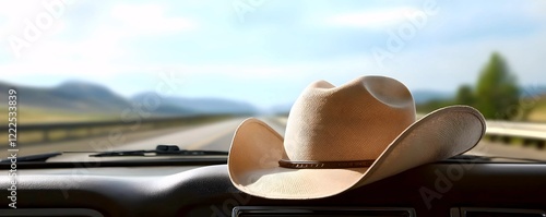 Sun-kissed cowboy hat rests on dashboard, open road ahead. A journey awaits! photo