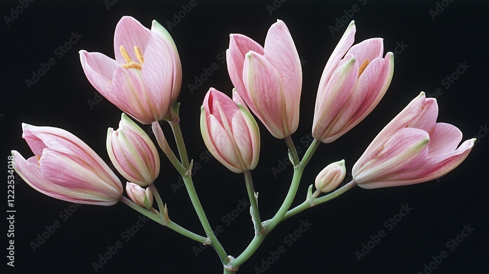 Fototapeta premium Pink lily buds on a black background. Close-up.