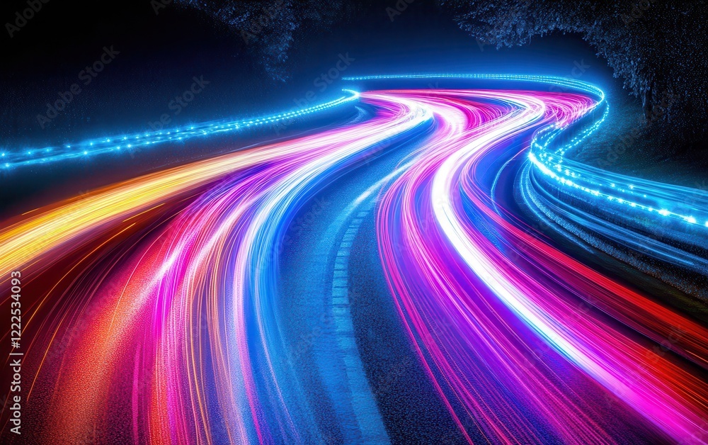 Dynamic Light Trails on Winding Road at Night, Abstract Long Exposure Vehicle Motion. Dynamic Light Trails on Winding Road at Night, Abstract Long Exposure Vehicle Motion.