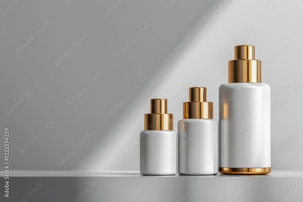 Minimalist composition of beauty product bottles on a shelf in a modern environment showcasing elegant design and aesthetic appeal Minimalist composition of beauty product bottles on a shelf in a modern environment showcasing elegant design and aesthetic appeal